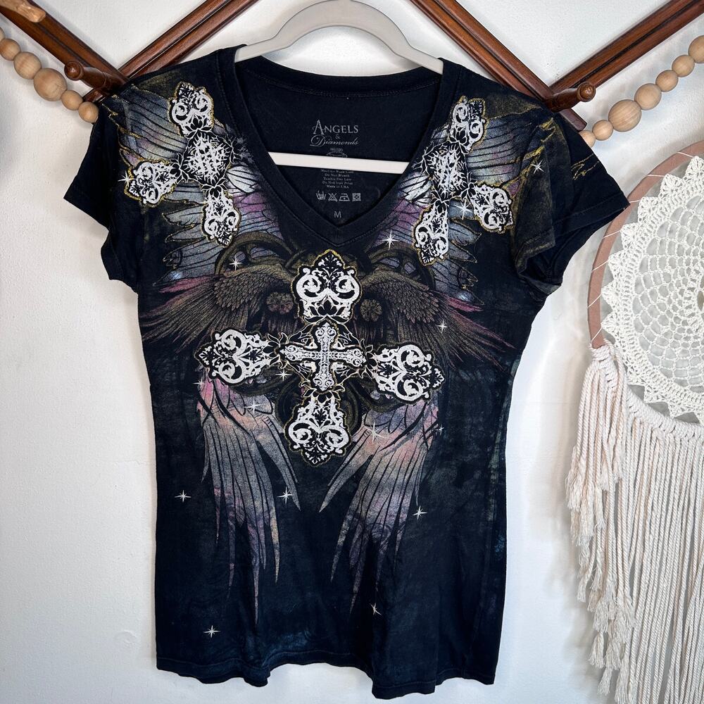 Vintage Y2K Angels & Diamonds Black Silver Metallic Angel Wings V Neck T